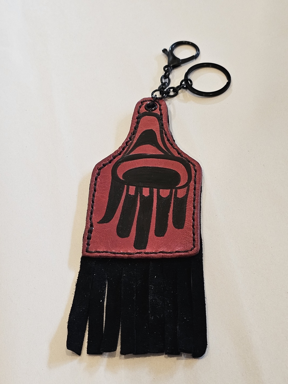 Black and Red Fringe Deer Leather Keychain with First Nations Design